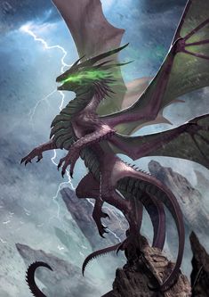 a green dragon is standing on top of a rock with lightning in the sky behind it