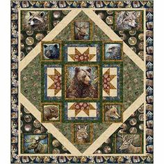 a quilt with pictures of bears and other animals in the center, on a green background