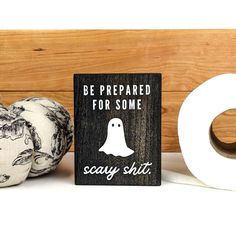 "Be prepared for some scary shit! This funny Halloween bathroom sign is sure to get some laughs from guests throughout the spooky season! It's mini size (3\" x 4\") makes it great piece of Halloween decor for bathroom shelves, countertops or even sitting on the back of your toilet. Each sign features an original Macon Makes design made from locally sourced hardwood Cherry and can be finished with a variety of 3 stains or with an oil-based finish that enhances the wood and shows off it's natural Spooky Bathroom, Haunted Carnival, Halloween Bathroom Decor, Halloween Wood Signs, Halloween Bathroom, Hallowen Ideas, Halloween Things, Bathroom Sign, Halloween Painting