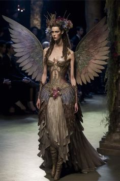 a woman in a dress with wings and flowers on her head is walking down the runway