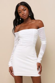 You're sure to be the center of attention any evening with the romance-ready look of the Lulus Elegant Eternity White Mesh Ruched Off-the-Shoulder Mini Dress! This trendy little number features stretchy sheer mesh (atop a matching knit liner) that shapes a ruched bodice and an off-the-shoulder neckline with hidden no-slip strips, all framed by long ruched sleeves. The high, fitted waist tops a crepe knit bodycon skirt that ends at a flirty mini hem. Hidden back zipper/clasp. Fit: This garment fits true to size. Length: Mid-thigh. Size medium measures 33.50" from top to bottom. Bust: Great for any cup size. Waist: Fitted - very fitted at natural waist. Hip: Fitted - stretchy fabric allows room for hips. Undergarments: May be worn with a strapless bra, adhesive bra, petals, or no bra. Fabric Flirty Fitted Off-shoulder Dress With Ruched Detail, Flirty Fitted Off Shoulder Dress With Ruched Detail, Chic Off-shoulder Party Dress With Ruched Bodice, Flirty Off-shoulder Mini Dress With Ruched Bodice, Chic Off Shoulder Party Dress With Ruched Bodice, Chic Off Shoulder Dress With Ruched Bodice For Party, Evening Off-shoulder Mini Dress With Ruched Bodice, Elegant Off-shoulder Ruched Bodycon Dress, Off-shoulder Party Mini Dress With Ruched Bodice