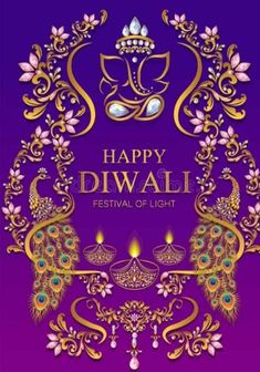 happy diwali festival with peacocks, candles and flowers on purple background illustration