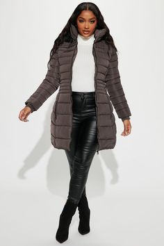 Caught In The Cold Puffer Coat - Charcoal | Fashion Nova, Jackets & Coats | Fashion Nova Cute Fall Jackets, Stylish Winter Coats, Active Wear Dresses, Long Puffer Coat, Activewear Fashion, Fur Hood, Fall Jackets, Faux Fur Jacket, Charcoal Color