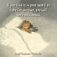 a teddy bear laying on top of a bed next to a quote that reads, if you find it in your heart to care for another, you will have succed