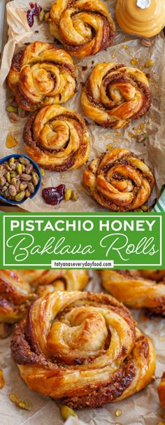 some cinnamon rolls and other food items are on the table with text that reads pistachio honey bakes rolls