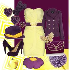 Yellow ruched dress with purple Ruched Top, Pin Collection