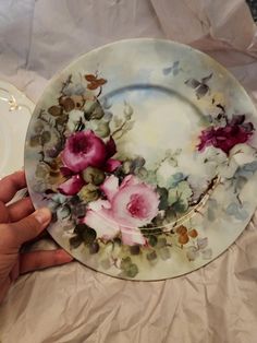 a plate with flowers painted on it is being held by someone's left hand