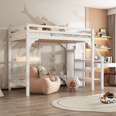 a child's bedroom with a bunk bed and toy cars on the wooden floor