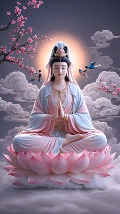 a buddha statue sitting on top of a pink flower covered lotus with birds flying around