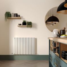 a radiator in a kitchen next to some shelves