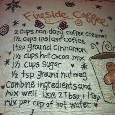 a cross stitch sample with instructions for coffee