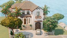 this is an artist's rendering of a house on the water with palm trees