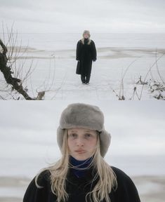 a woman standing in the snow wearing a hat and coat with her hair pulled back