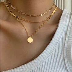 Material: Gold Plated Stainless Steel 3pc Necklace Set Measurements In Photos Top Rated Seller Quick Shipper Open To Offers 3900+ Listings Sold Stacked Necklaces, Layered Necklace Set, Healing Crystal Jewelry, Pendent Necklace, Dainty Gold Necklace, Jewelry Essentials, Gold Accessories, Jewelry Fashion Trends