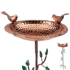 two birds sitting on the edge of a copper birdbath with green leaves around it