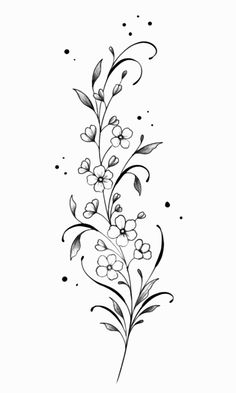 a black and white drawing of some flowers on a white background, with dots in the bottom right corner