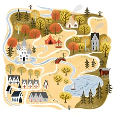 an illustrated map with houses and trees in the background, including a river running through it