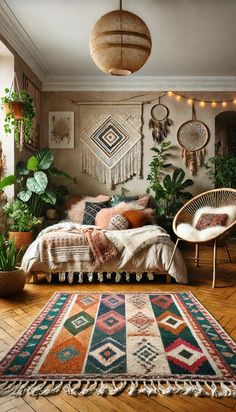 a bedroom with lots of plants and rugs on the floor next to a bed