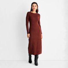 Women's Long Sleeve Ribbed Midi Bodycon Dress - A New Day™ Brown S Dark Brown Midi Dress, Brown Dress With Sneakers, Ribbed Bodycon Midi Dress, Midi Bodycon Dress, Sweater Maxi Dress, Womens Knit Dresses, Womens Cami, Sweater Dress Midi, Women Maxi