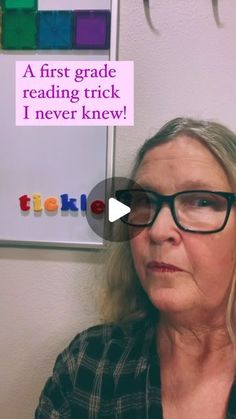 an older woman with glasses is looking at the camera and has a joke on her face