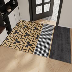 two rugs on the floor in front of a black and white door with an open window