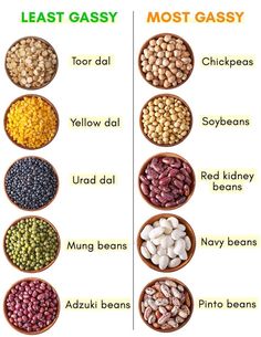 different types of beans in bowls with the words least gassy and most glasy