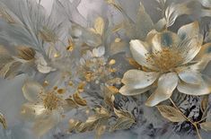 an artistic painting with gold flowers and leaves