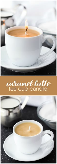 a cup of caramel latte on a saucer with a lit candle in it