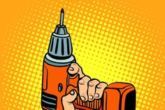 a hand holding a driller and pointing it at the viewer with an orange background