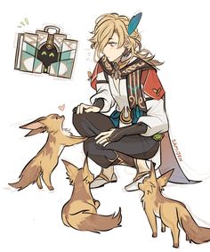 an anime character sitting on the ground with two dogs next to him and another dog looking at them