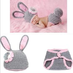 a baby wearing a crocheted bunny hat and diaper cover