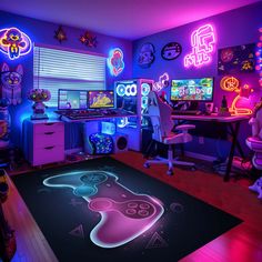 a room filled with neon lights and video game controllers on the floor in front of a computer desk