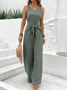 Gris Casual Collar sin mangas Tela tricotada Liso Pierna ancha Embellished Elástico Ligero Work Jumpsuit, Style Formal, Date Night Dresses, Casual Jumpsuit, Sleeveless Jumpsuits, Boho Women, Casual Summer Outfits, Kids Sleepwear, Wide Leg Jumpsuit