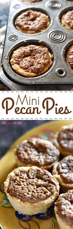 mini pecan pies in a muffin tin on a yellow and green plate