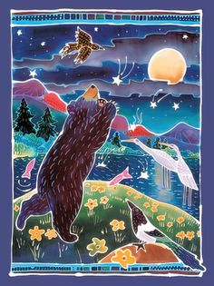 a bear and birds are in the night sky with mountains, flowers, and stars