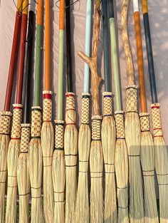 many brooms are lined up on the ground