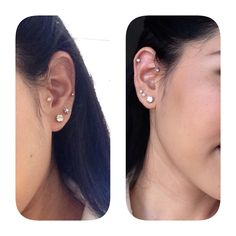 two pictures of a woman with ear piercings