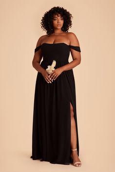 a woman in a black dress with the words $ 99 bridesmaid dresses on it