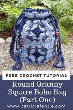 a crochet granny bag with text overlay reading round granny square boho bag part one