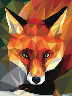 an orange fox with green eyes is featured in this low poly art print by person