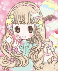 a cartoon girl with long hair and stars on her head, holding a cupcake