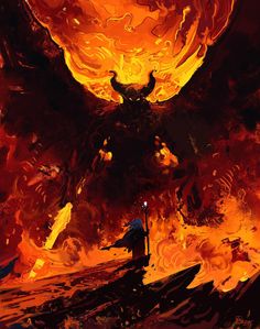 a man standing in front of a huge fire filled sky next to a giant demon