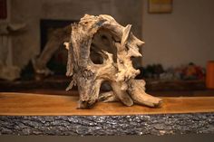 a piece of driftwood sitting on top of a wooden table next to a fireplace