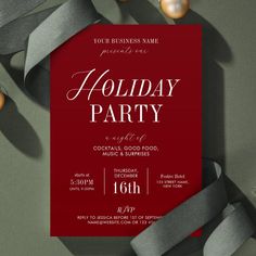 a red holiday party flyer with silver ribbon and ornaments around it on a green background