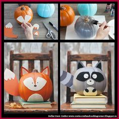 four different pictures of pumpkins with faces and hands on them, one is painted to look like a raccoon