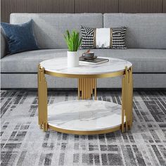 a living room with a couch, coffee table and pillows on the carpeted floor