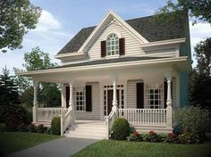 a small white house with red shutters on the front porch