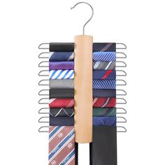 a tie rack with six ties hanging on it's sides and a wooden hanger