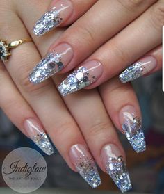 Bridesmaid Nails Acrylic, Glitter Encapsulated Nails, Encapsulated Glitter Nails, Silver Sparkly Nails, Silver Acrylic Nails, Silver Nail Designs, Bridesmaids Nails, Encapsulated Nails, Silver Glitter Nails