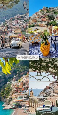 the collage shows different views of positanoo italy and other places to eat